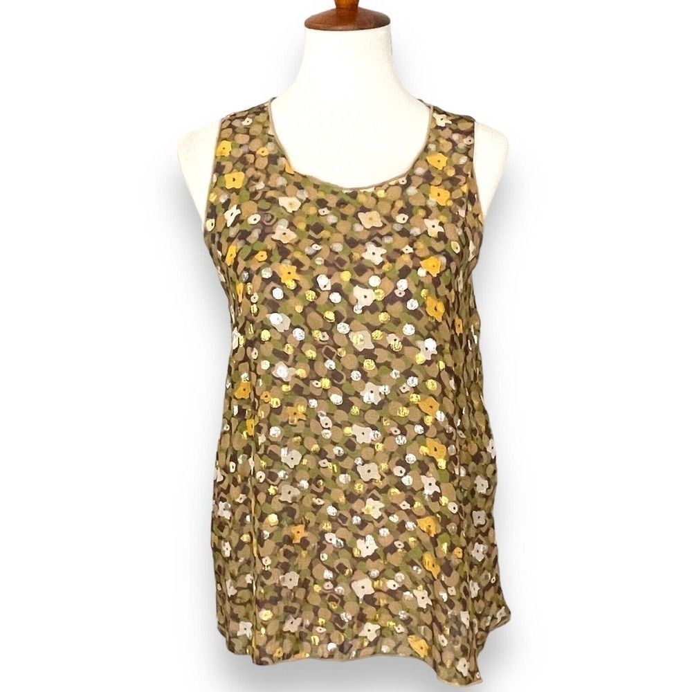 🍀 For Love & Lemons Camouflage Sparkle Round Neck Sleeveless Blouse Top Size S